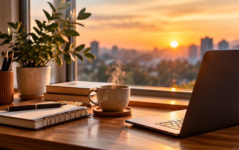 Sunrise over a desk with a cup of coffee