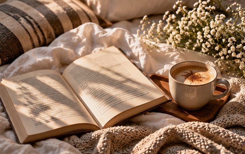 An open book and a latte on a knitted blanket