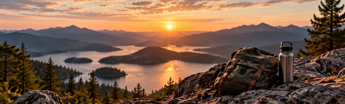 A backpack on a rock above a mountain lake at sunrise
